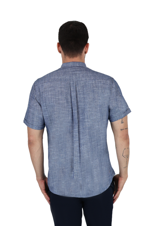 Camisa Manga Corta Look De Lino Azul Marino Jaspe Slim Fit Caballero